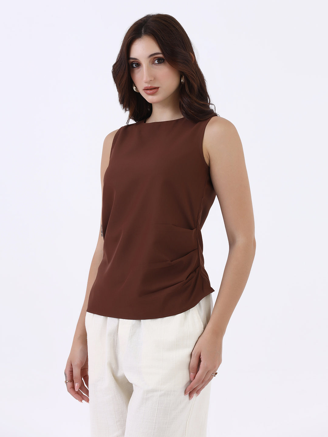 Women Brown Sleeveless Pleated Top