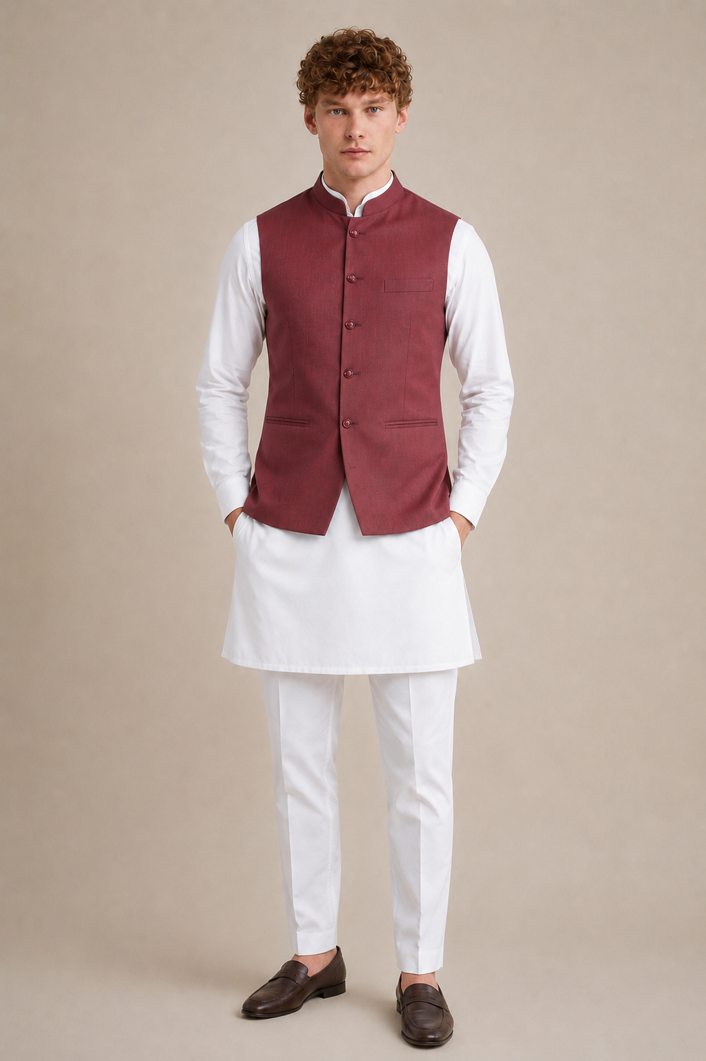 Men Kurta Set With Maroon Jacket