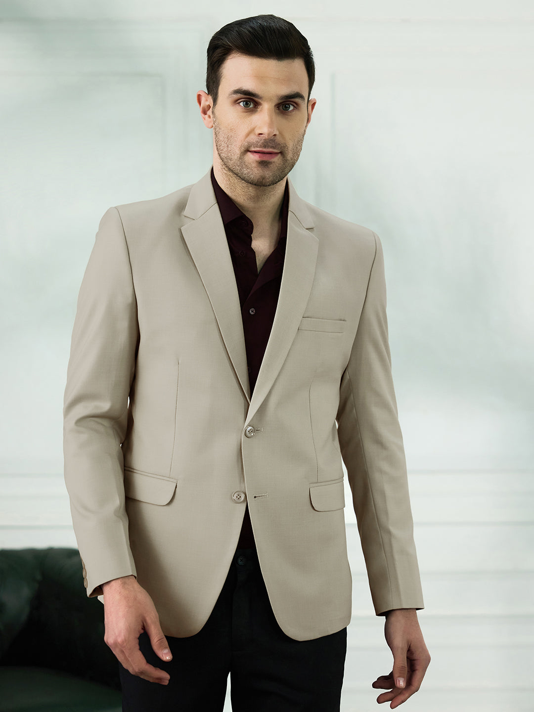 Men Beige Notched Lapel Blazer - Tahvo India