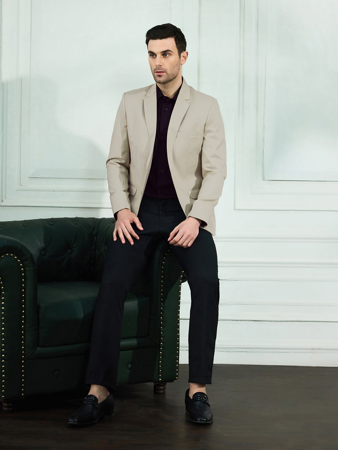 Men Beige Notched Lapel Blazer - Tahvo India