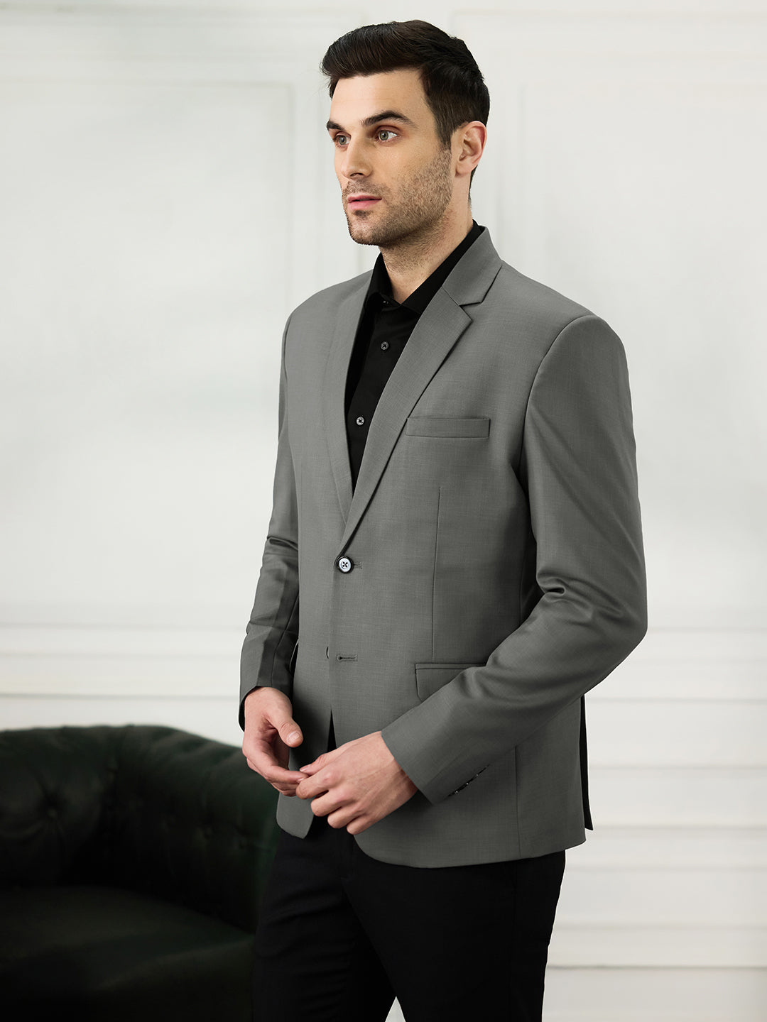 Men Dark Grey Notched Lapel Blazer - Tahvo India