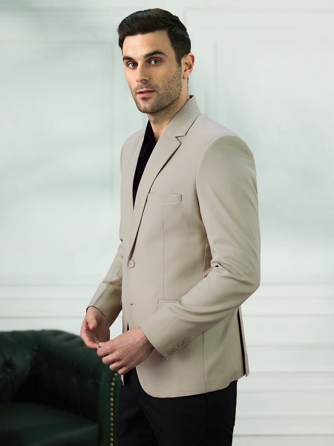 Men Beige Notched Lapel Blazer