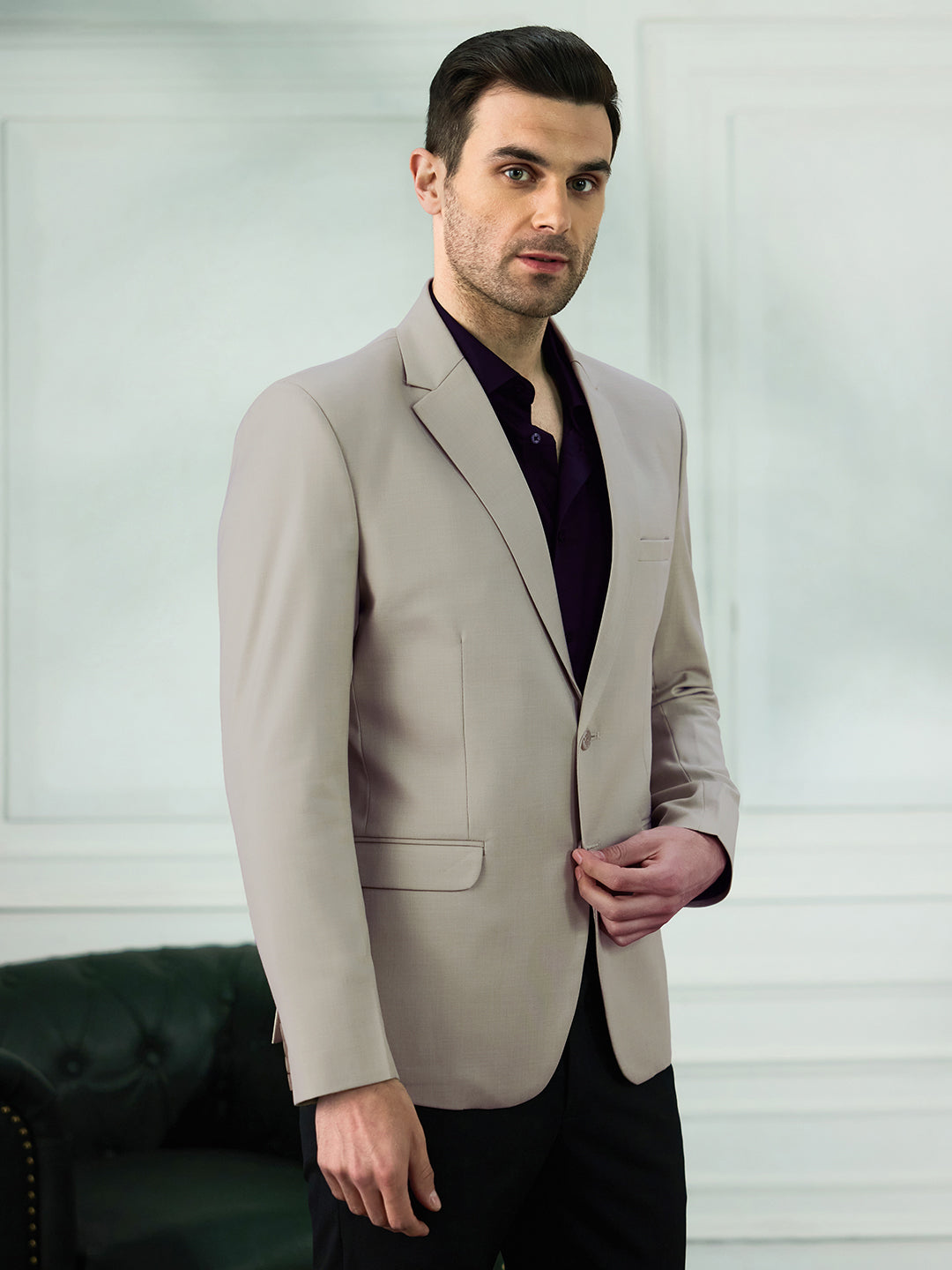 Men Beige Notched Lapel Blazer