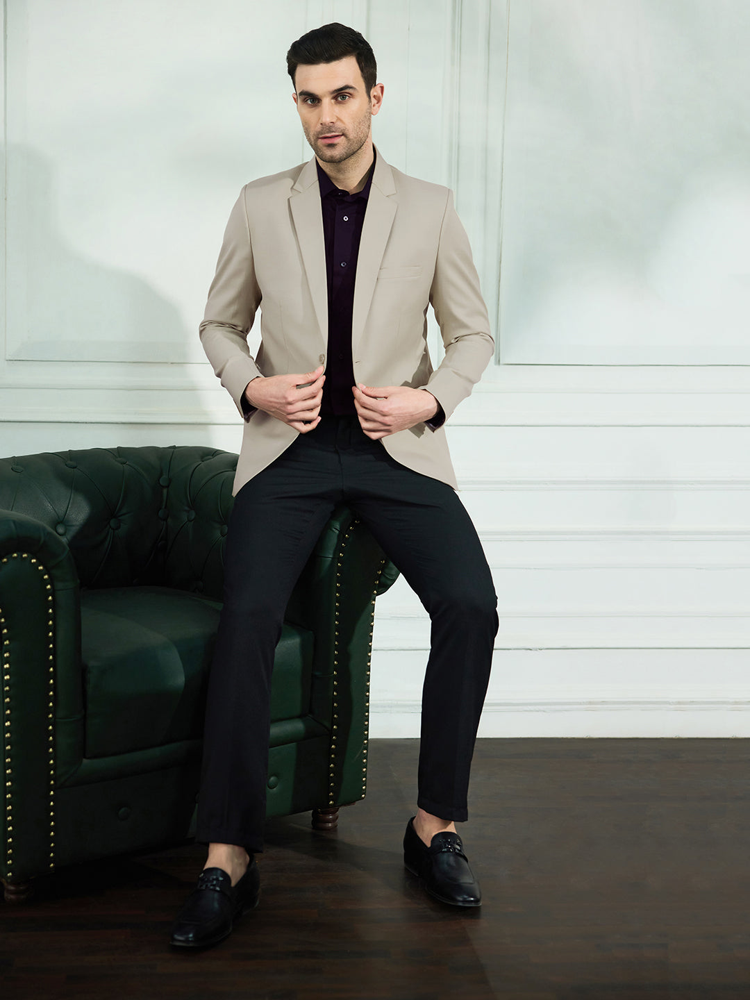 Men Beige Notched Lapel Blazer