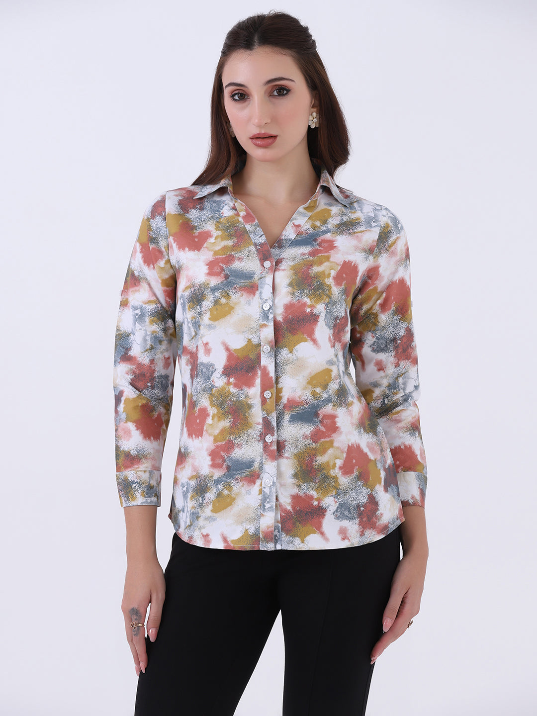 Women Printed V neck collared shirt