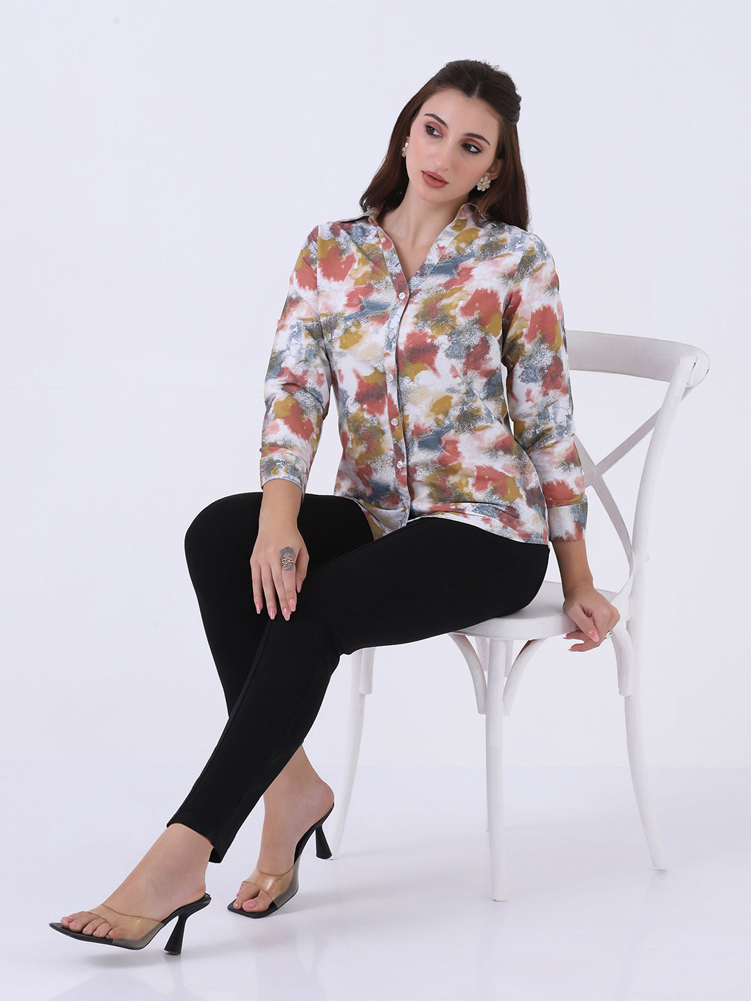 Women Printed V neck collared shirt