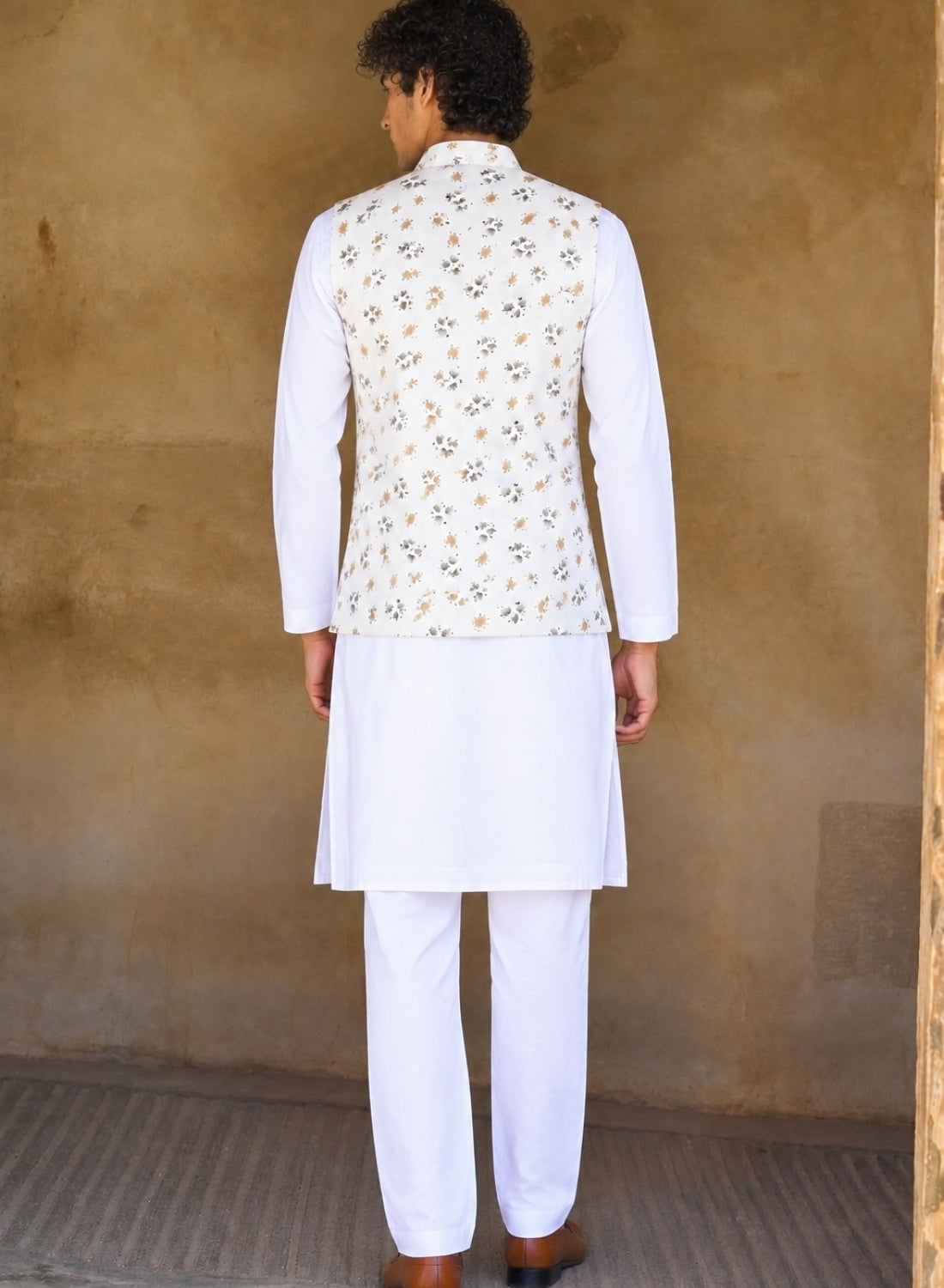 Men White Printed Nehru Jacket