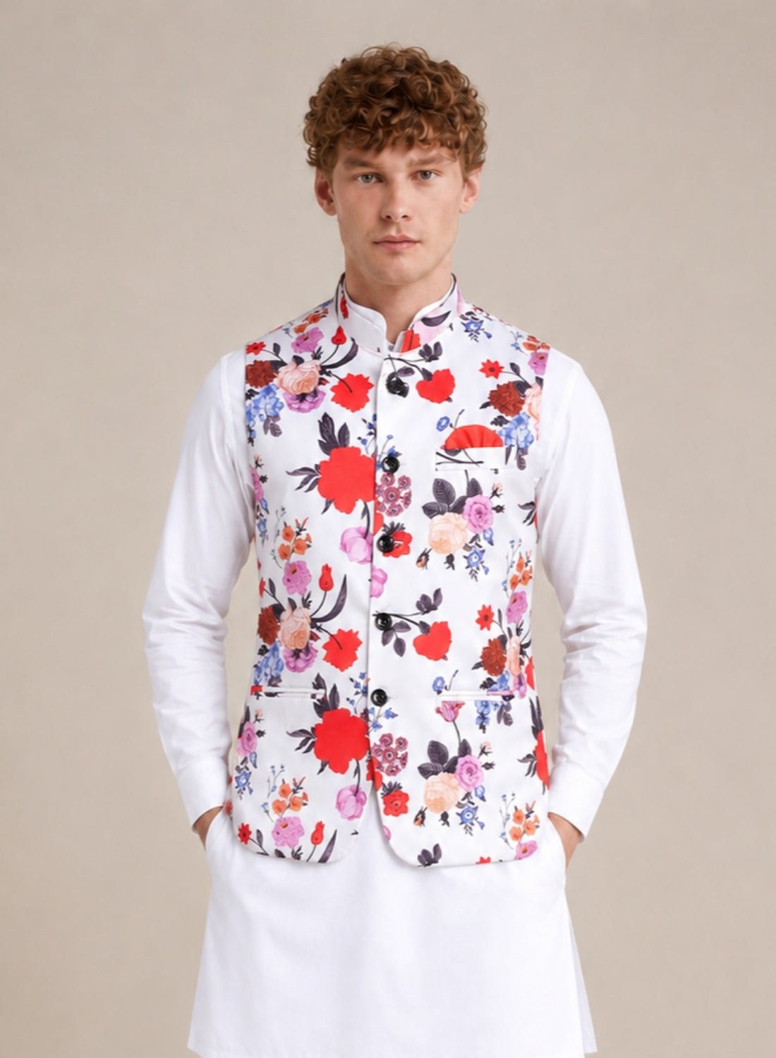 Men White Floral Nehru Jacket