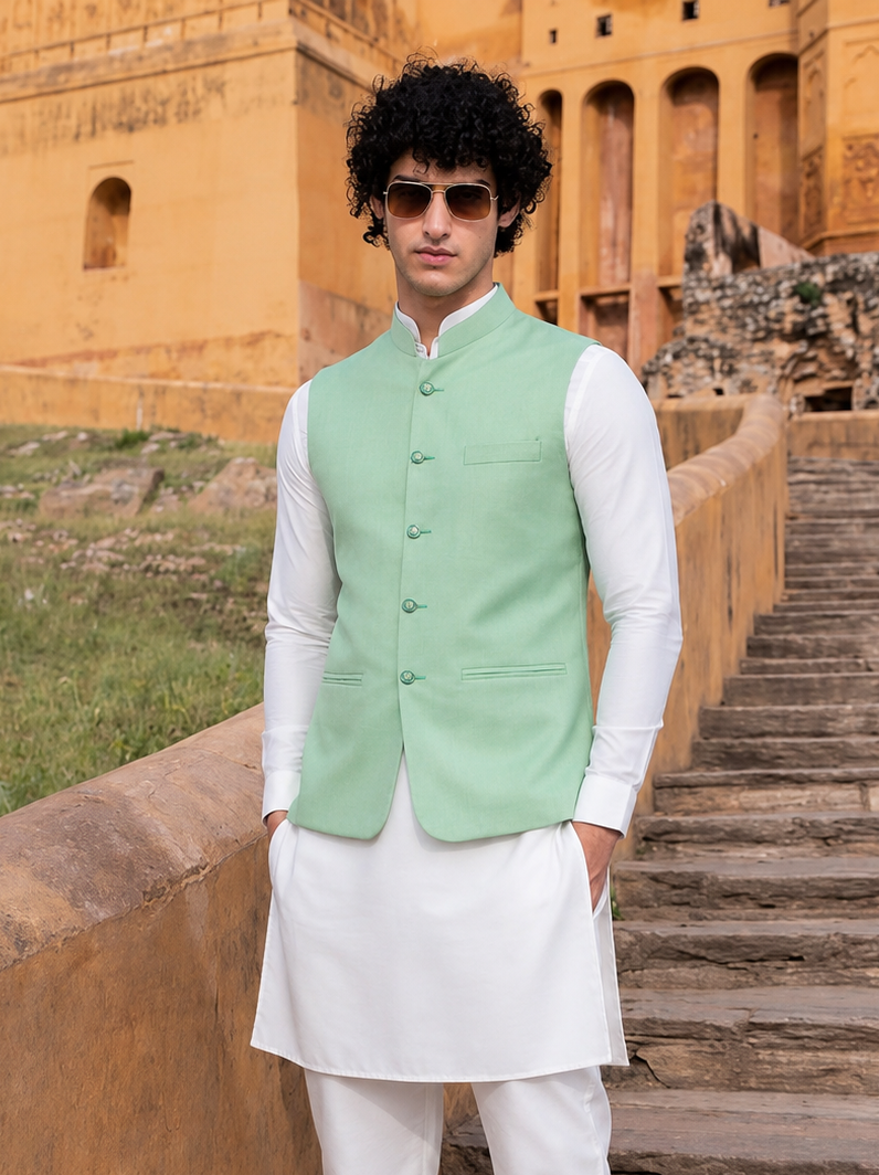 Men Green 5 Button Nehru Jacket