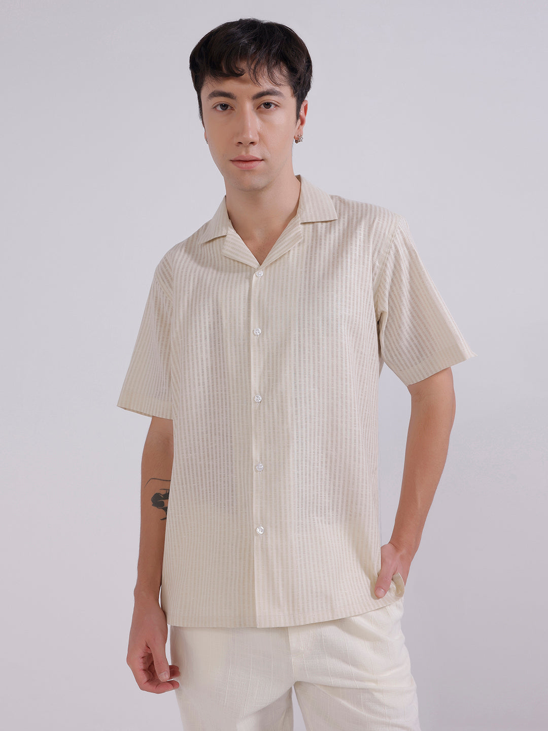 Men Beige Stripes Linen Shirt