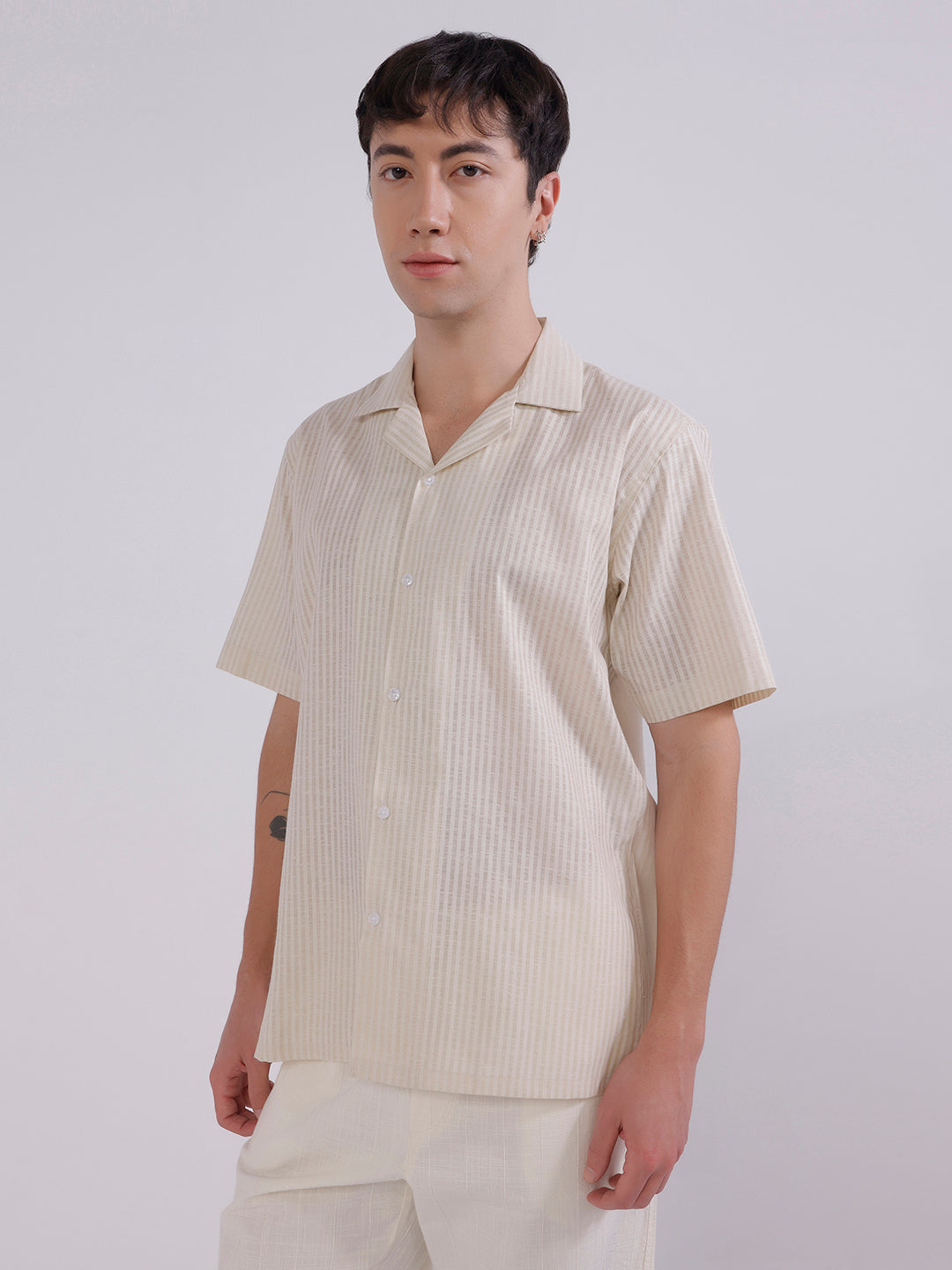 Men Beige Stripes Linen Shirt