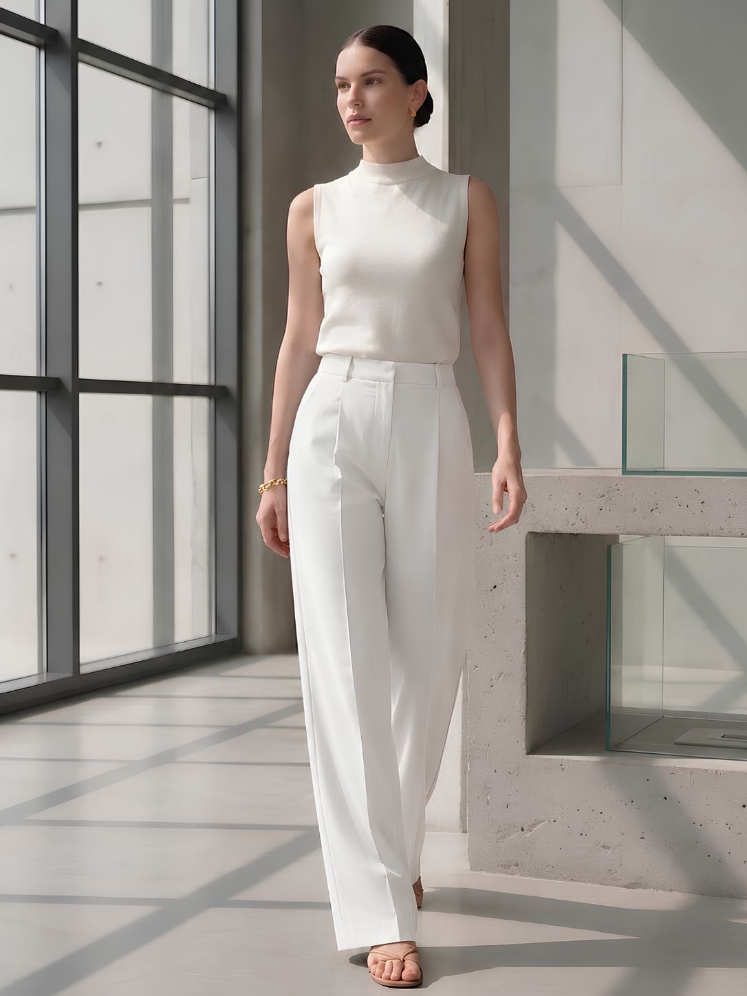 White wide leg women trousers
