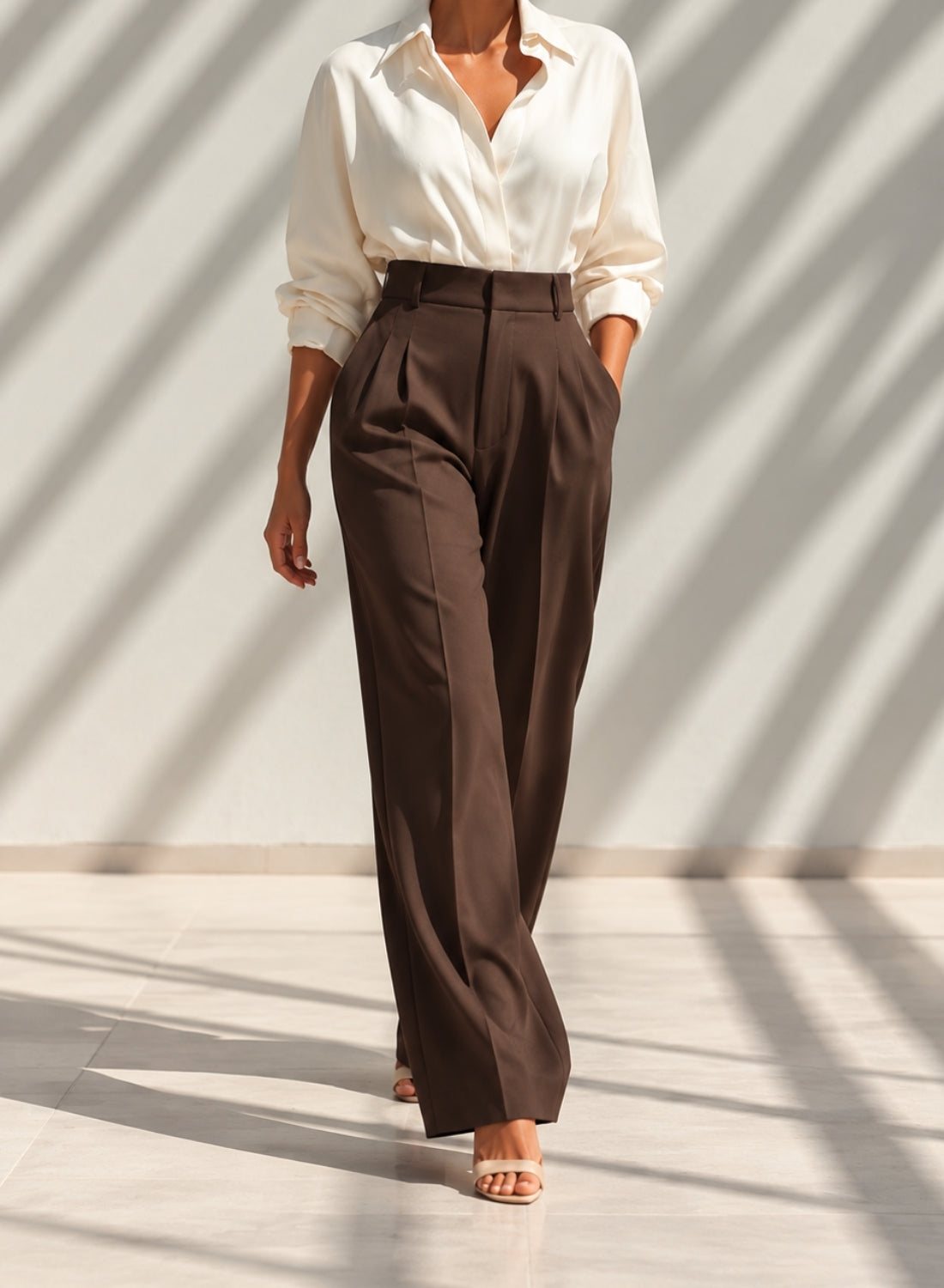Brown Pleated wide Leg Trousers