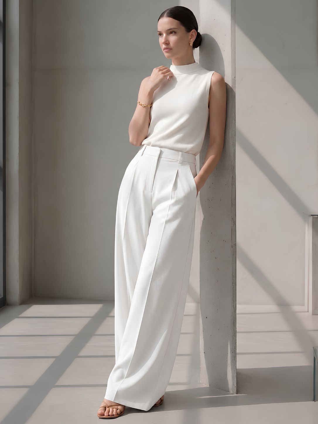 White wide leg women trousers