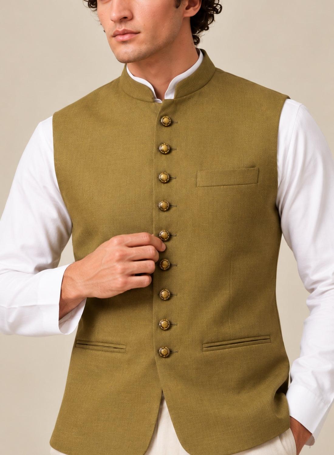 Men Green 9 Button Nehru Jacket
