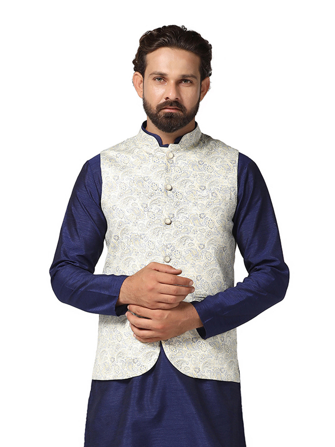 Men White Printed Nehru Jacket