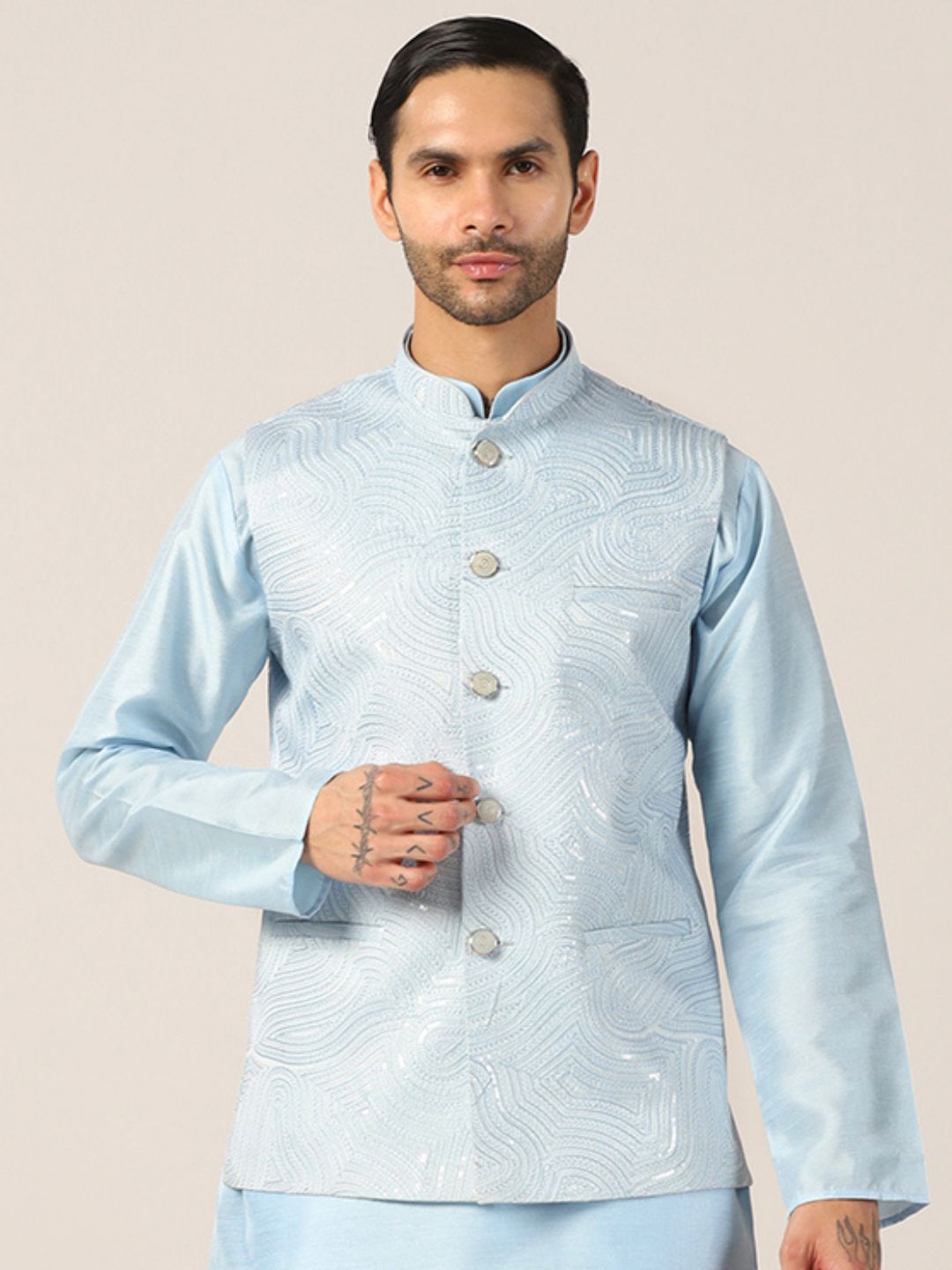 Blue Textured Nehru Jacket