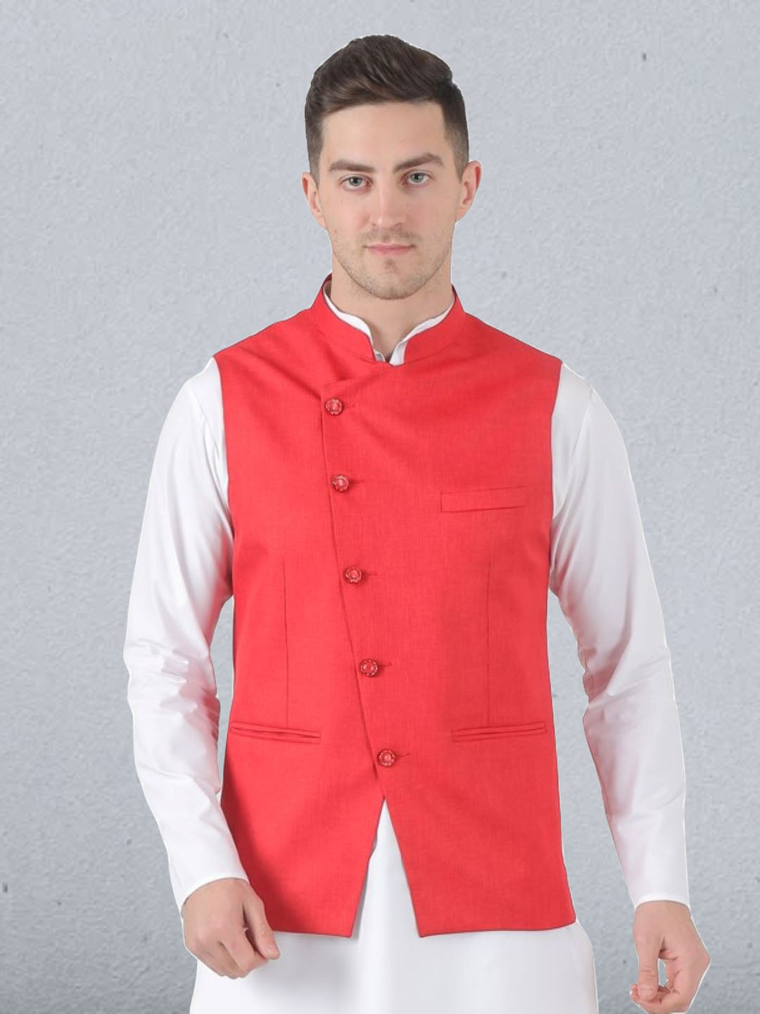 Men Red Angrakha Nehru Jacket - Tahvo India