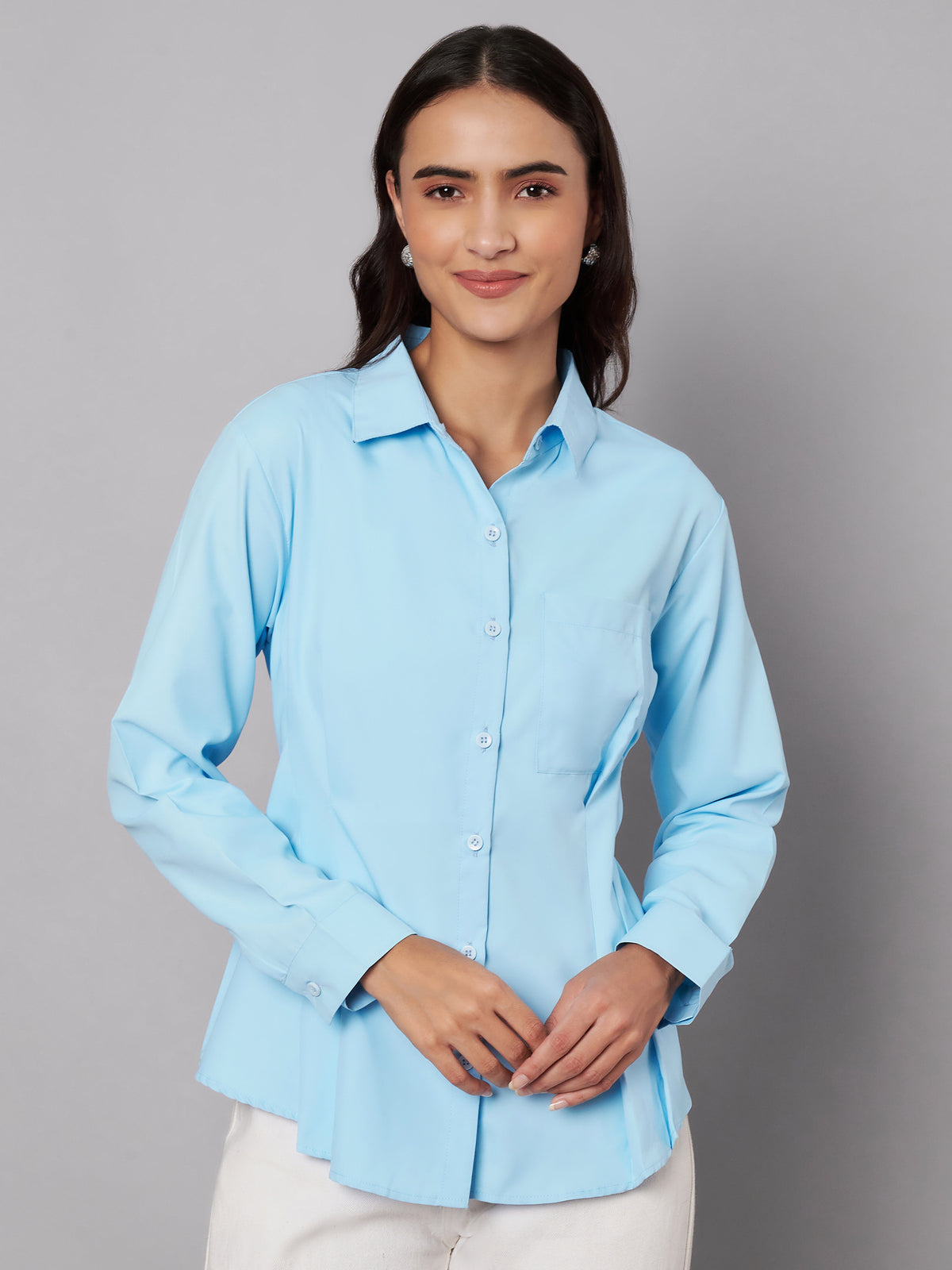 Women Blue crinched waist shirt