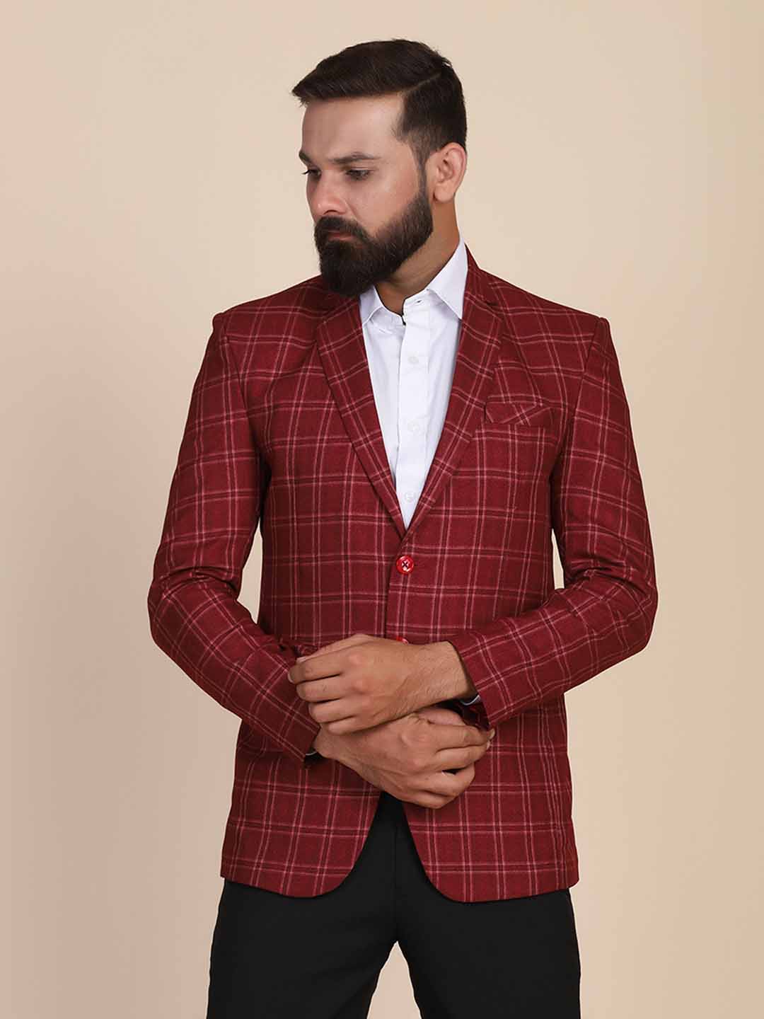 Men Tweed Maroon Check Blazer - Tahvo India