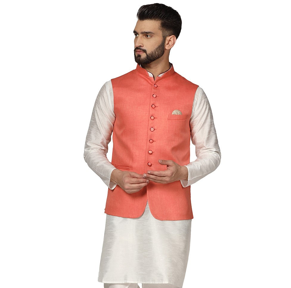 Men Solid Peach Nehru Jacket