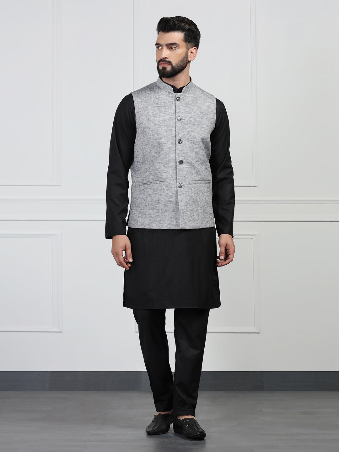 Men Linen Nehru Jacket With Black Kurta Pjyama