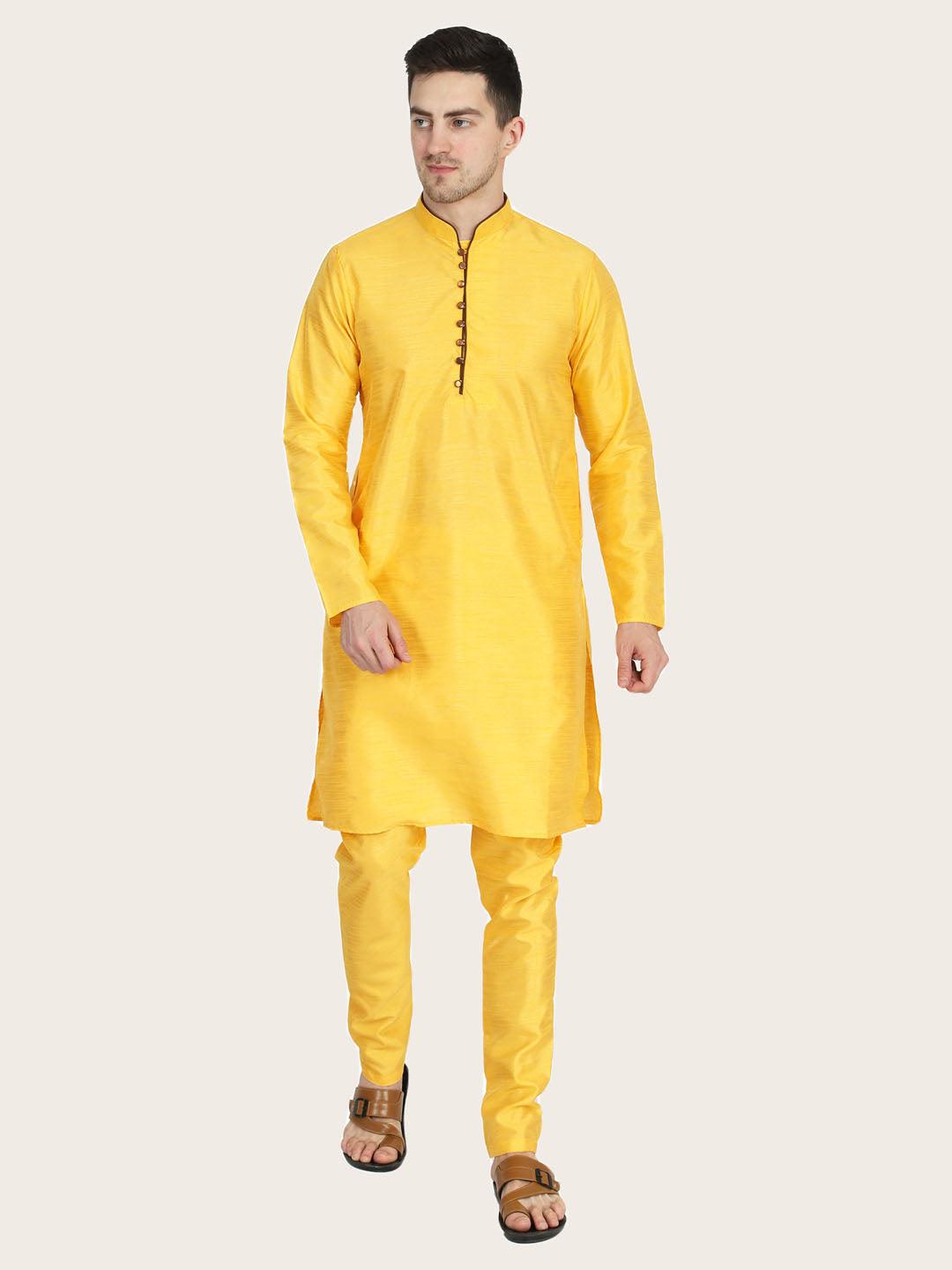 Men Yellow Dupion Kurta Set - Tahvo India