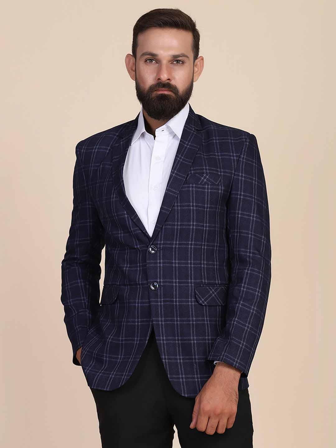 Men Tweed Blue Check Blazer - Tahvo India