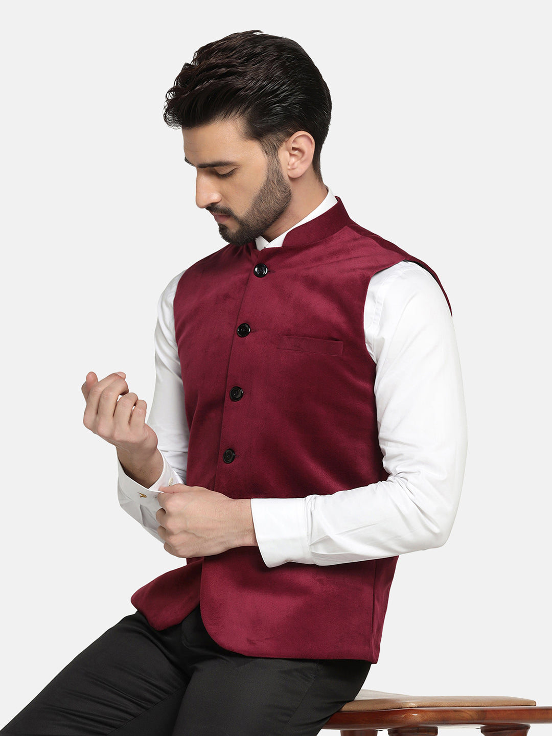 Men Maroon Velvet Nehru Jacket