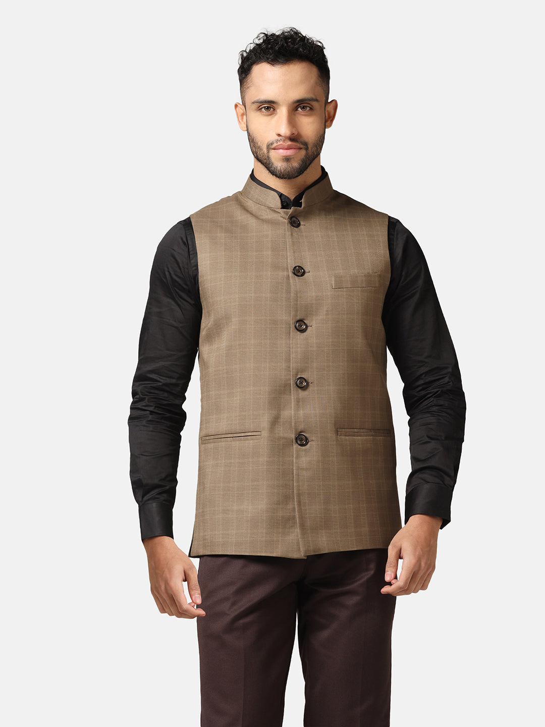 Men Brown Check Nehru Jacket - Tahvo India