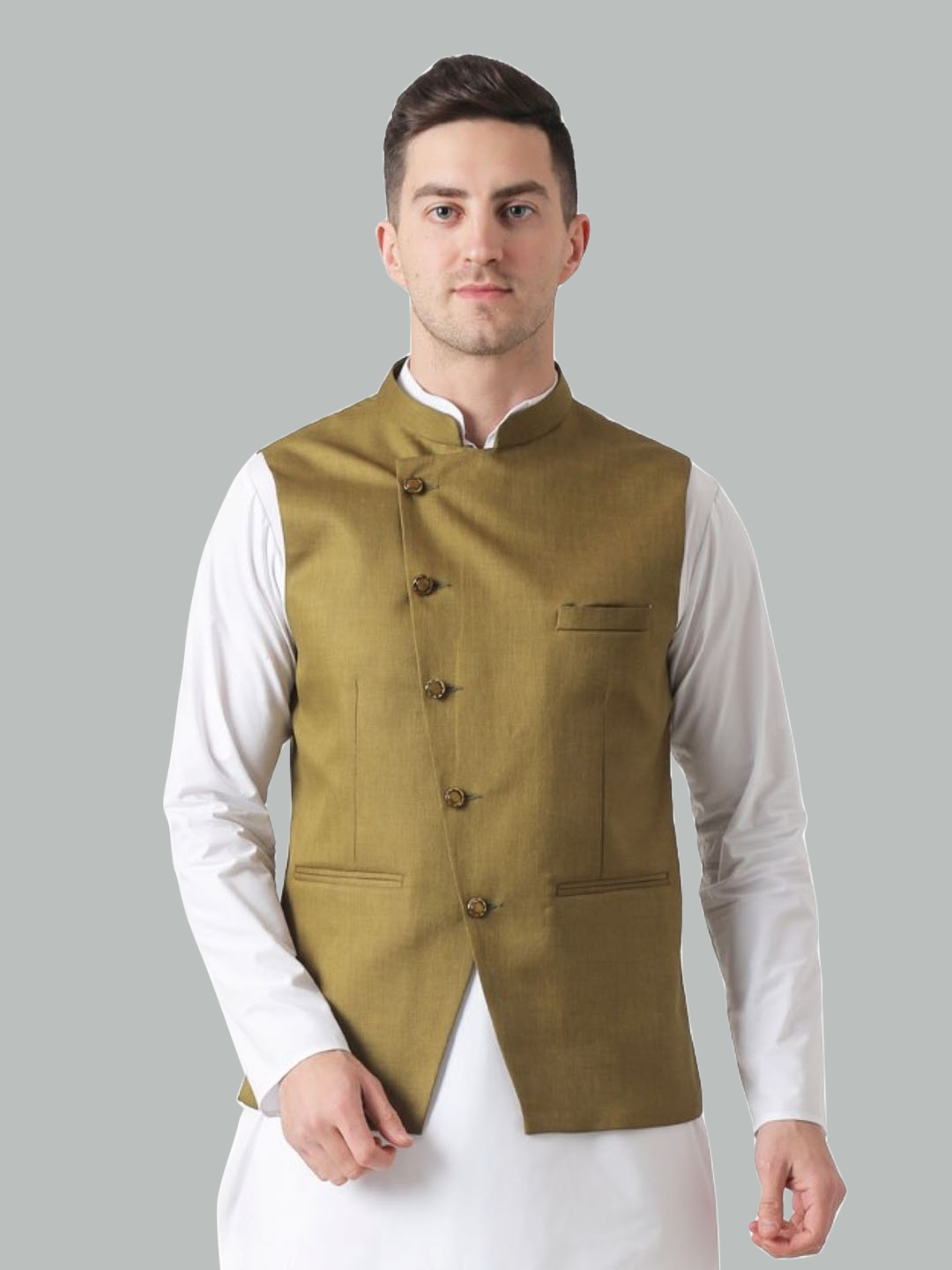 Men Mehndi Green Nehru Jacket - Tahvo India