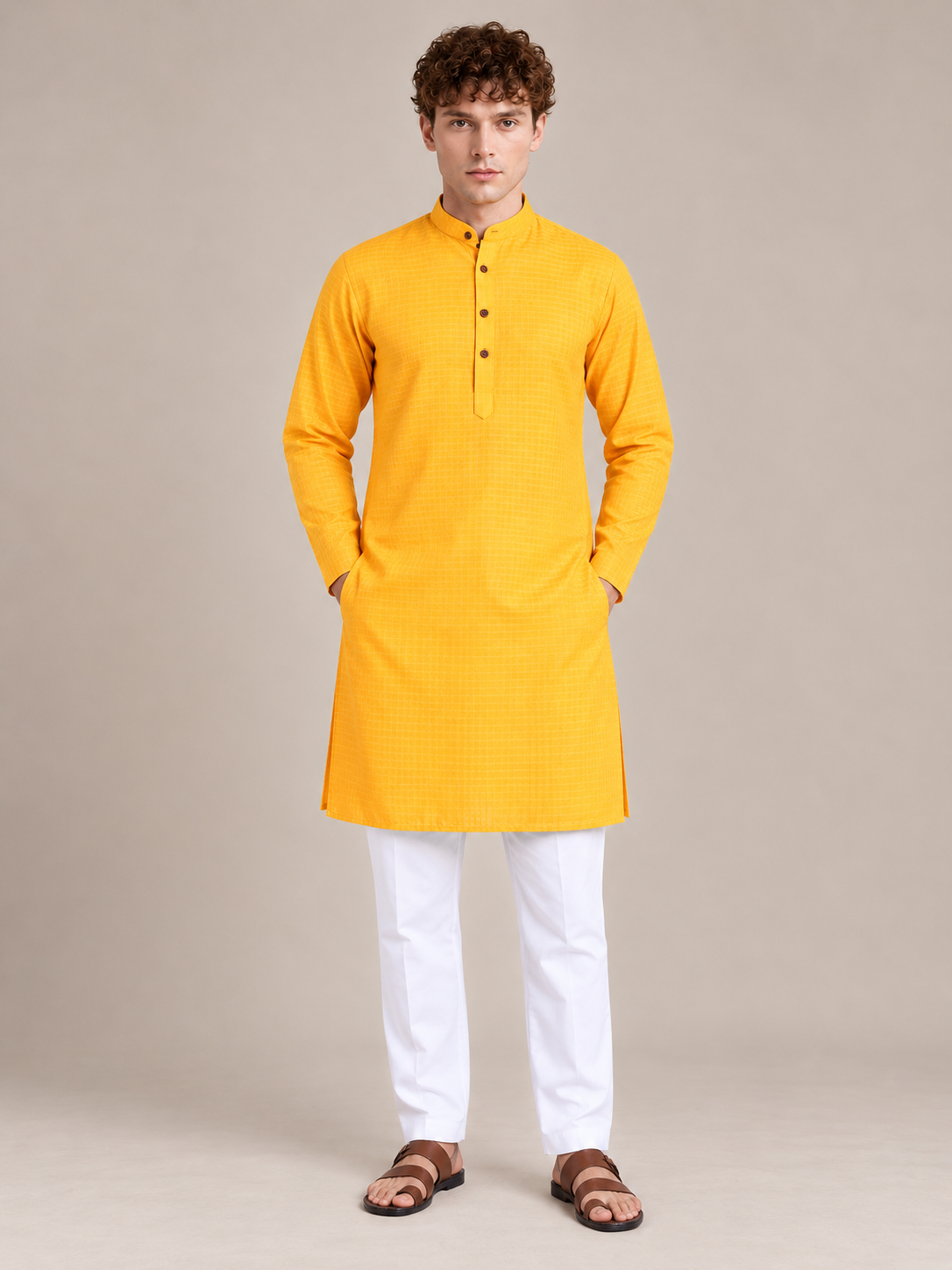 Men Yellow cotton kurta set