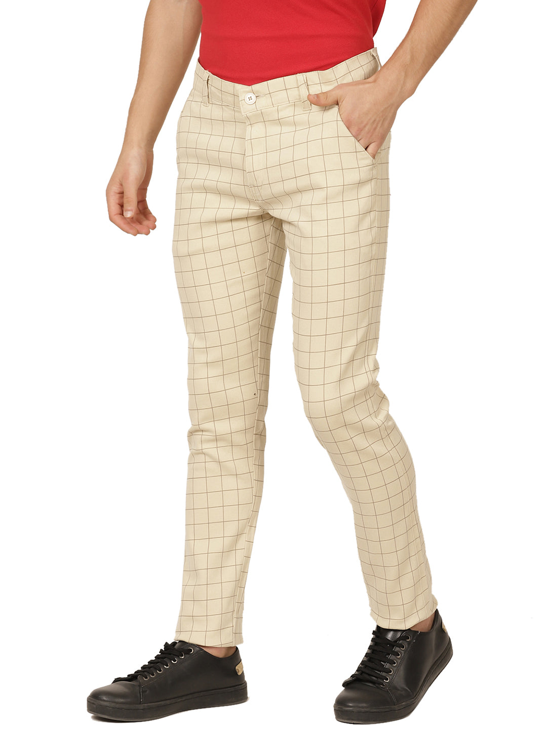 Men Beige Checks Casual Trousers - Tahvo India
