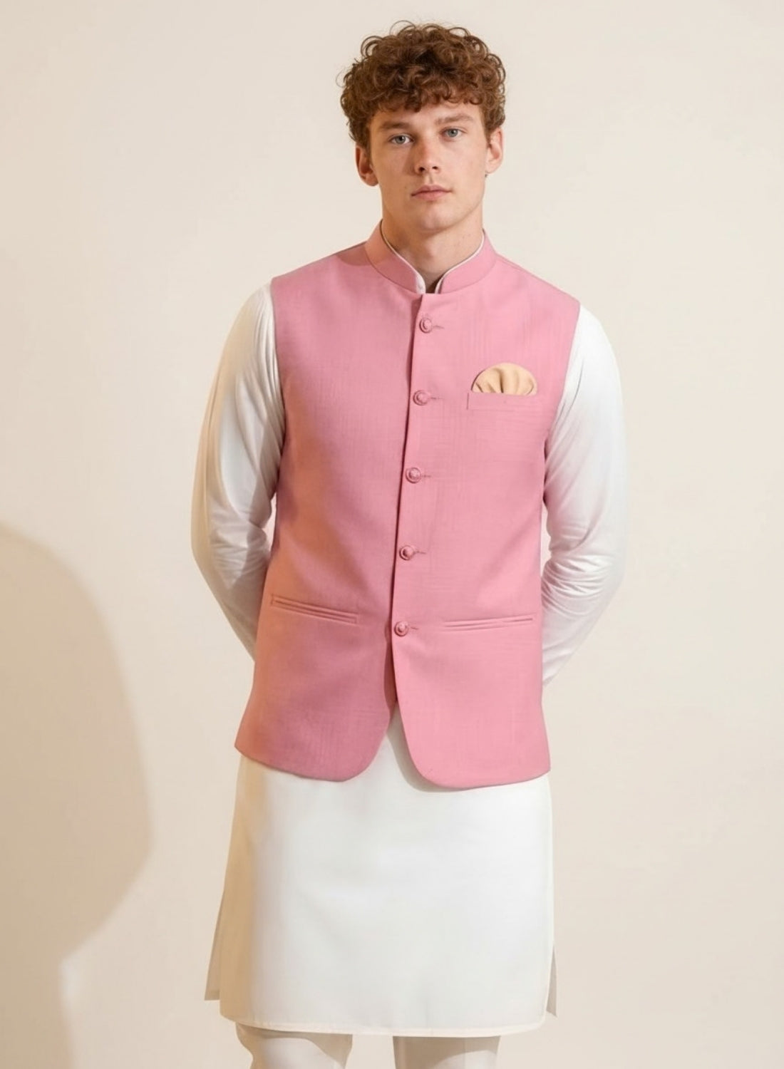 Men Pink Button Nehru Jacket