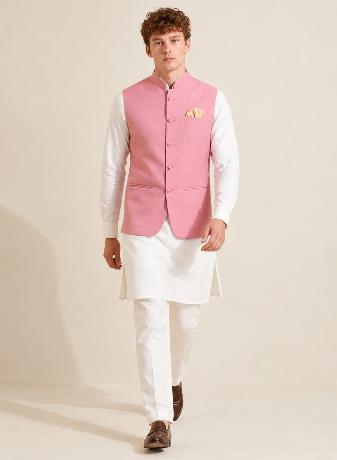 Men Pink Button Nehru Jacket