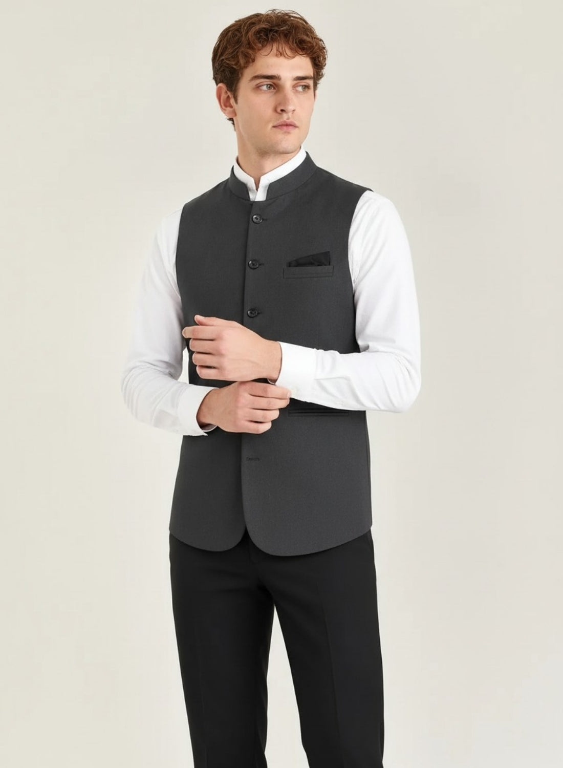 Men Grey Solid Nehru Jacket With Hanky