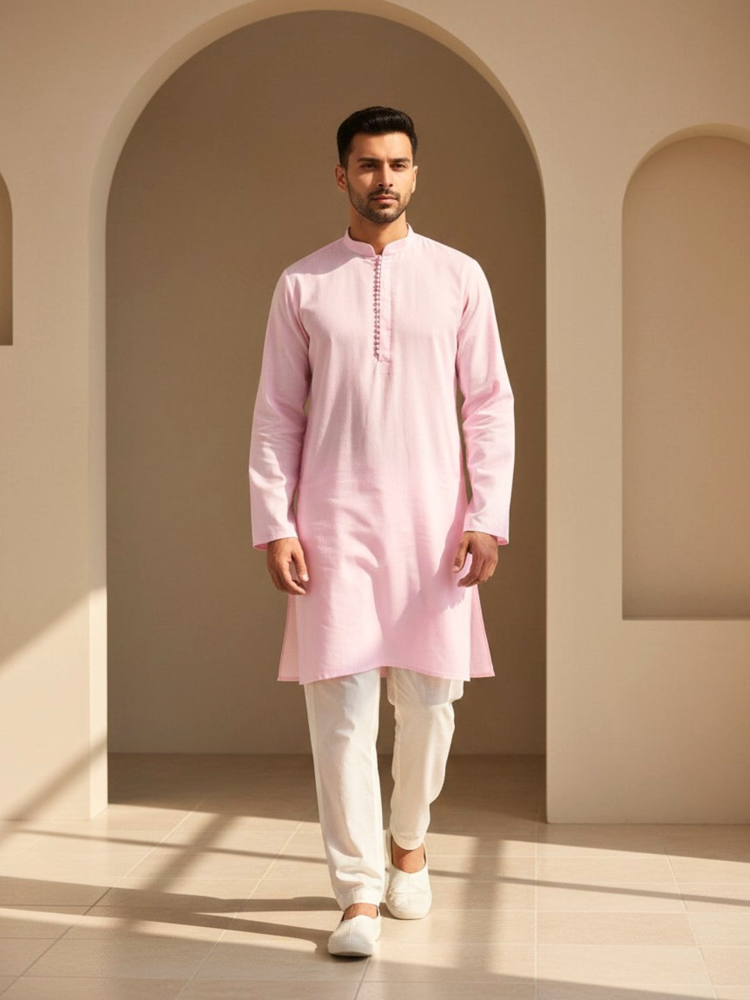 Pink Kurta Set With Round Button Placket