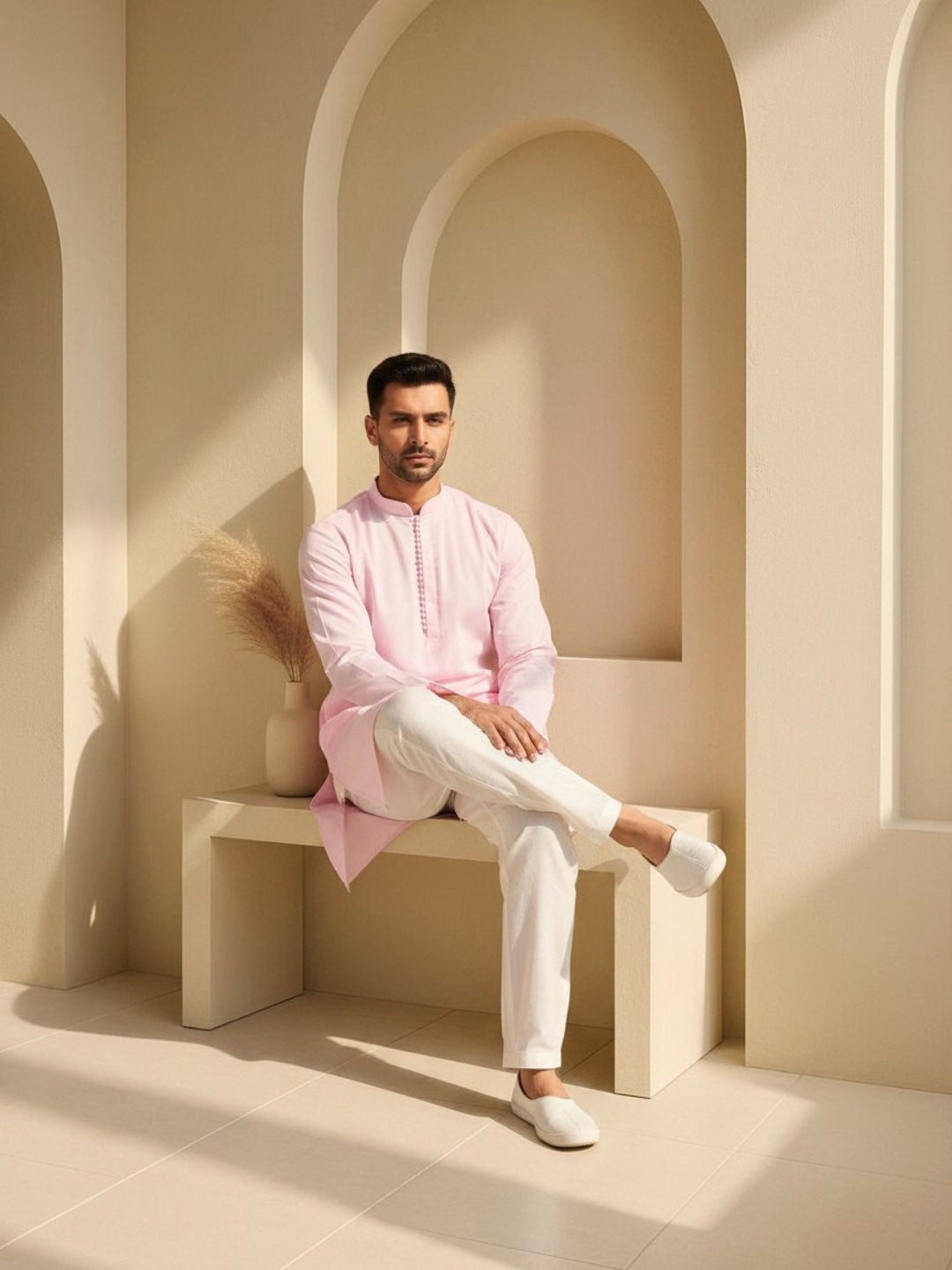 Pink Kurta Set With Round Button Placket