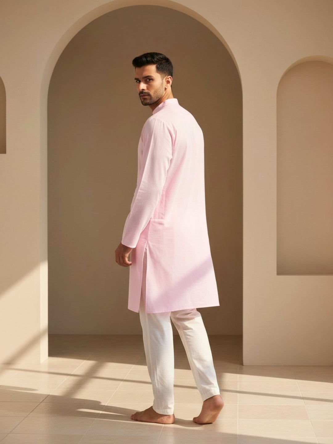 Pink Kurta Set With Round Button Placket