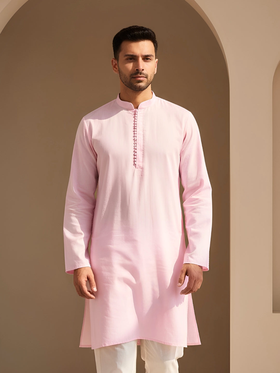 Pink Kurta With Round Button Placket