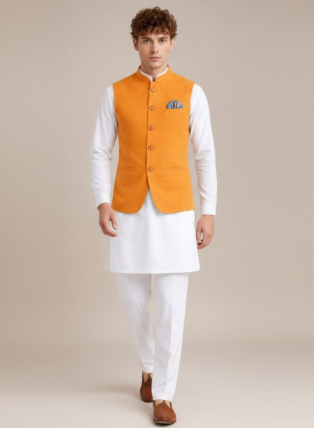 Men Orange Textured Nehru Jacket