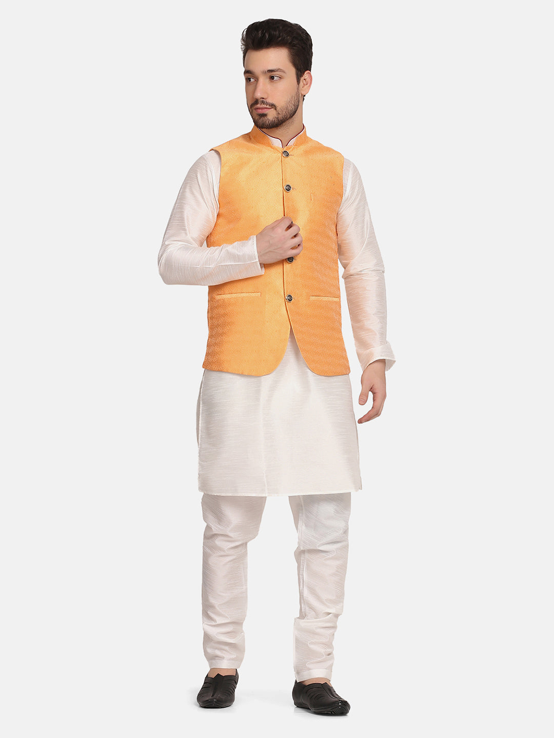 Men Orange Silk Blend Nehru Jacket - Tahvo India