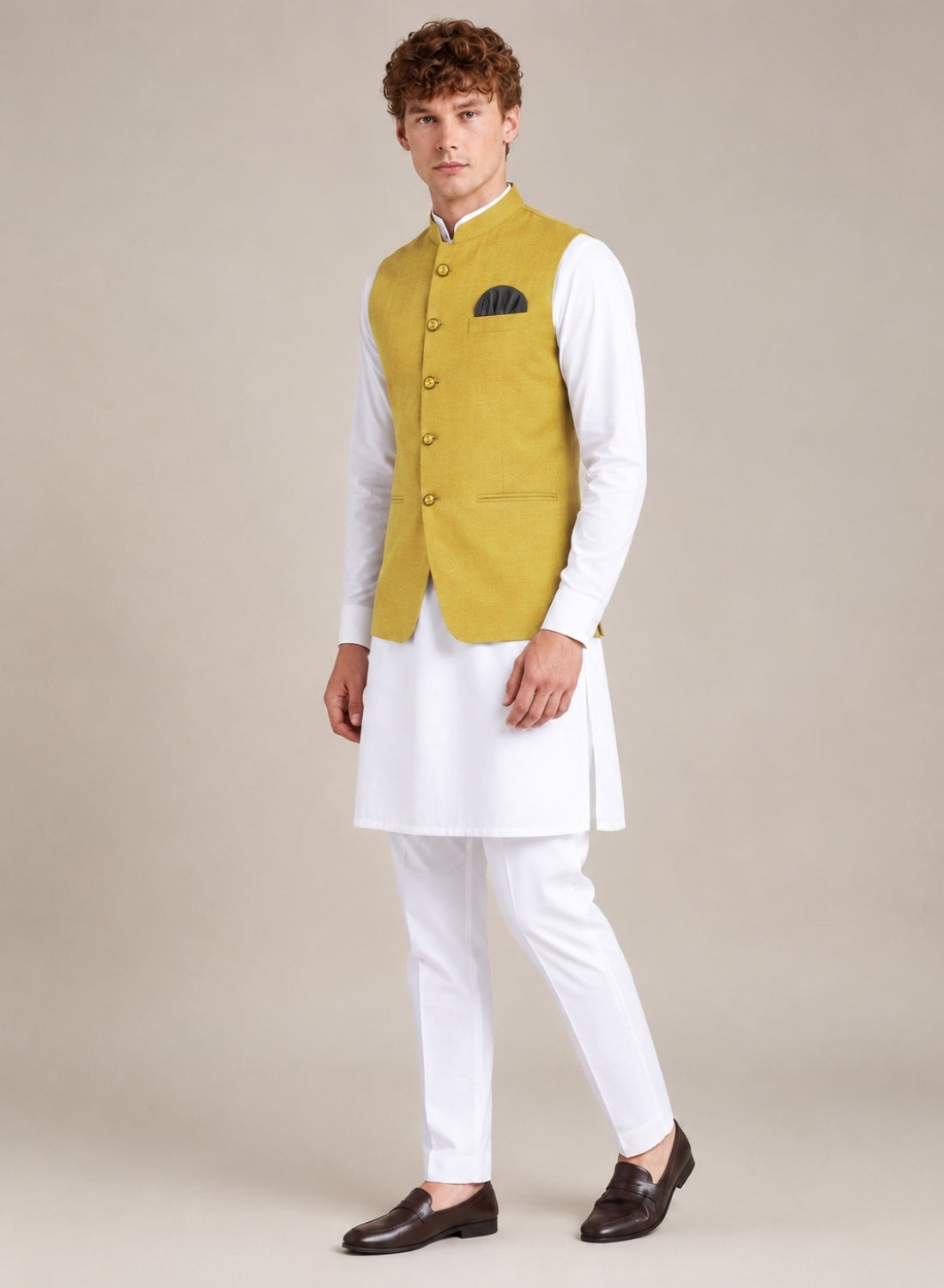 Men Yellow Solid Nehru Jacket
