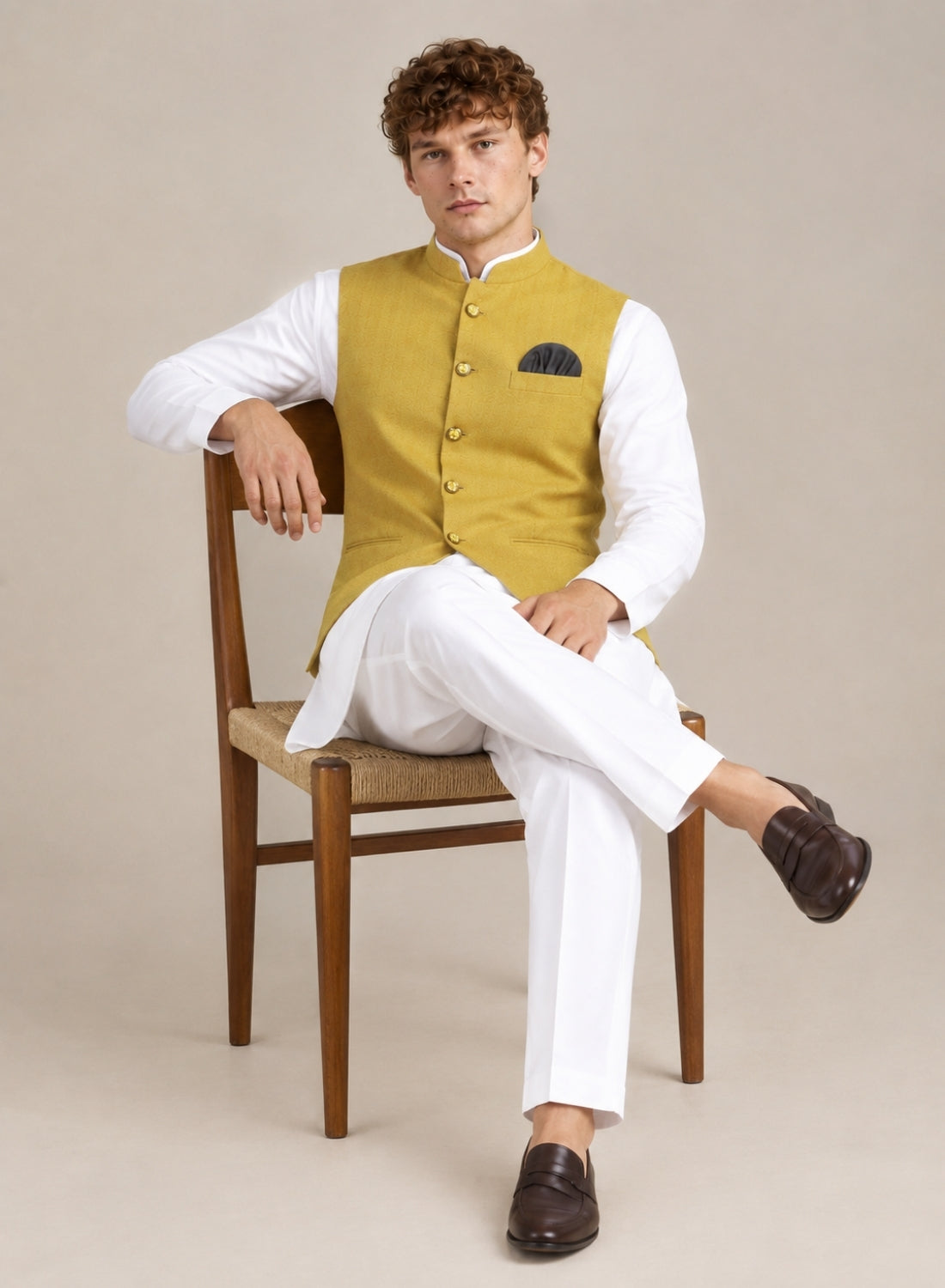 Men Yellow Solid Nehru Jacket