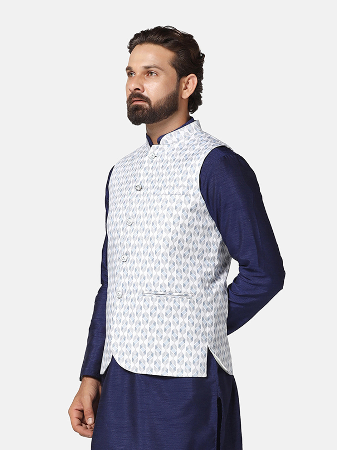 Men White Printed Nehru Jacket
