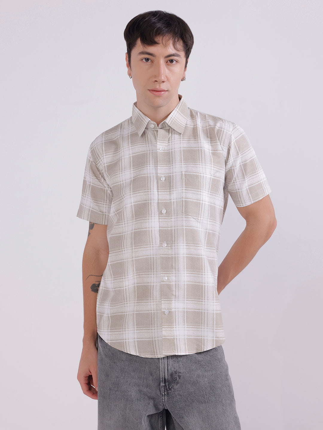 Men light brown check casual shirt
