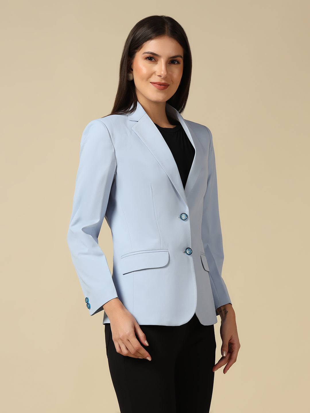 Women Ice Blue Single Breasted Blazer - Tahvo India