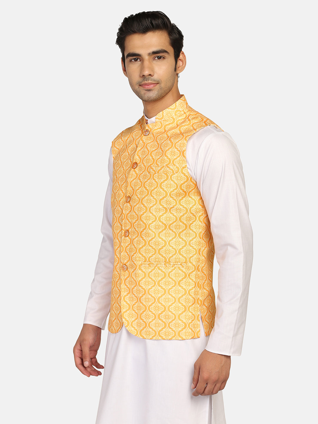 Men Yellow Printed Nehru Jacket
