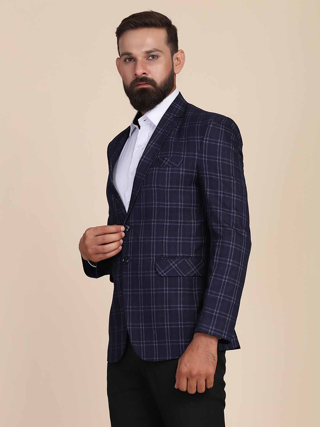 Men Tweed Blue Check Blazer - Tahvo India