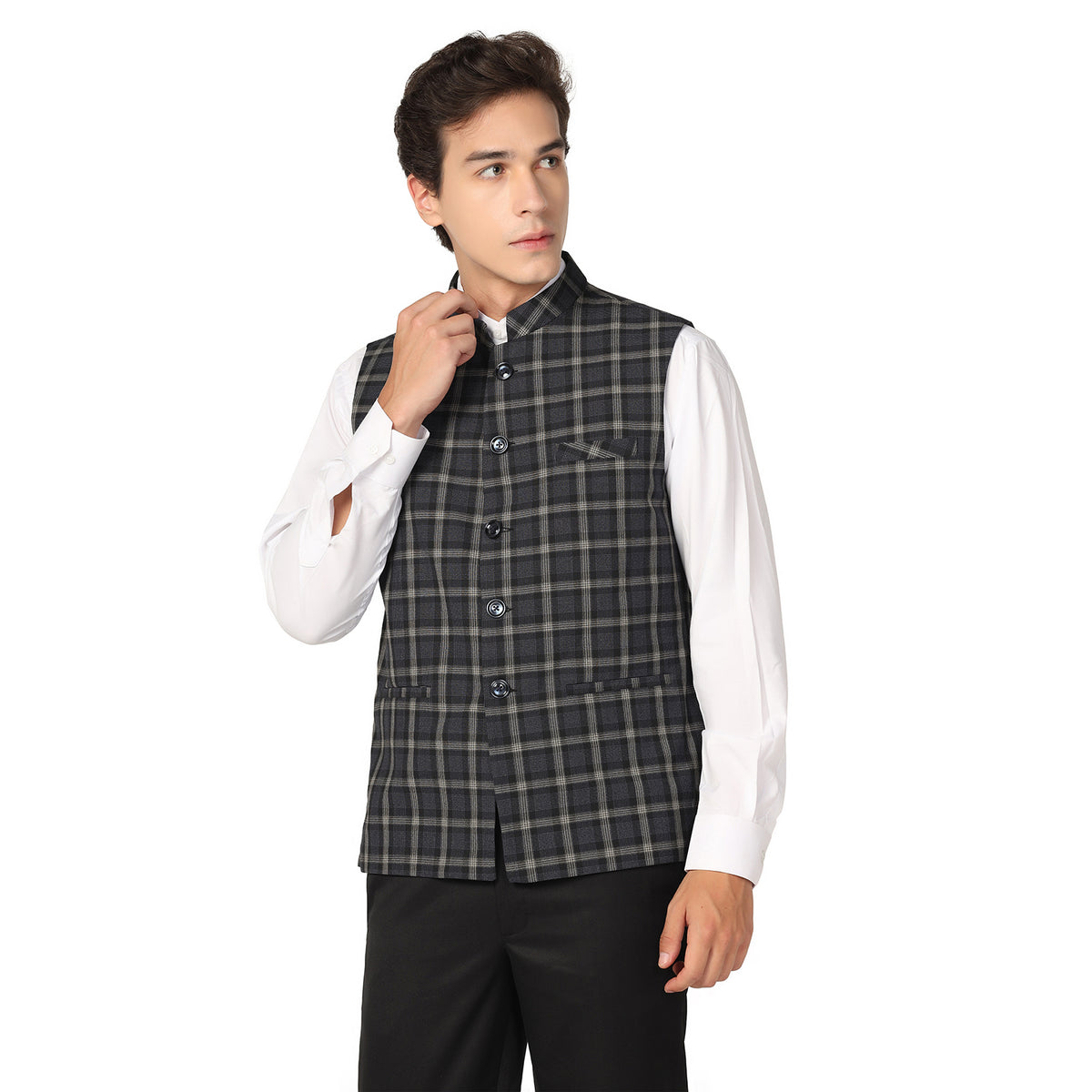Men Black Check Nehru Jacket